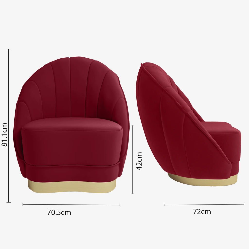 Fauteuil en velours bordeaux, base cerclage dor  effet laiton