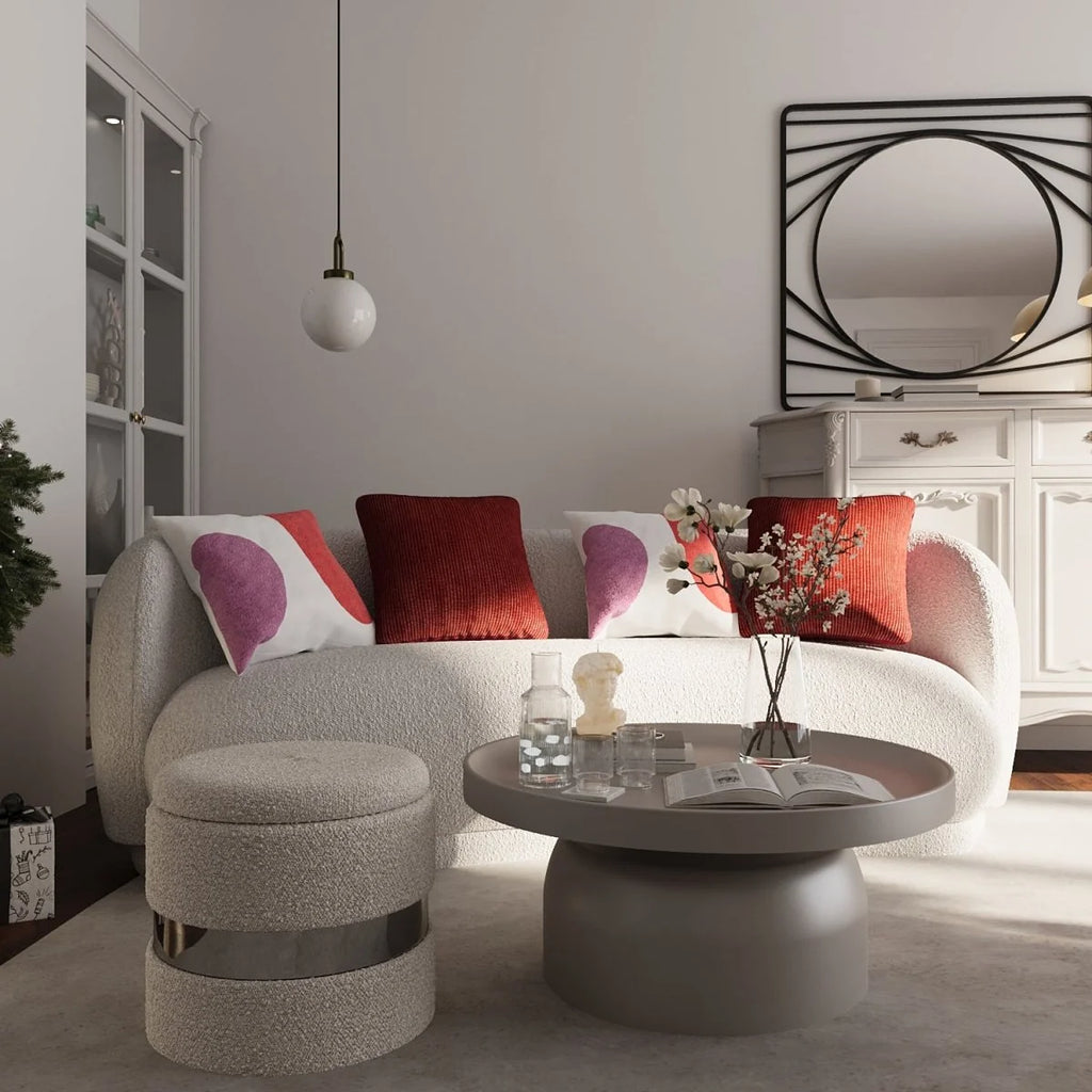 Pouf rond bouclette & métal argenté avec rangement