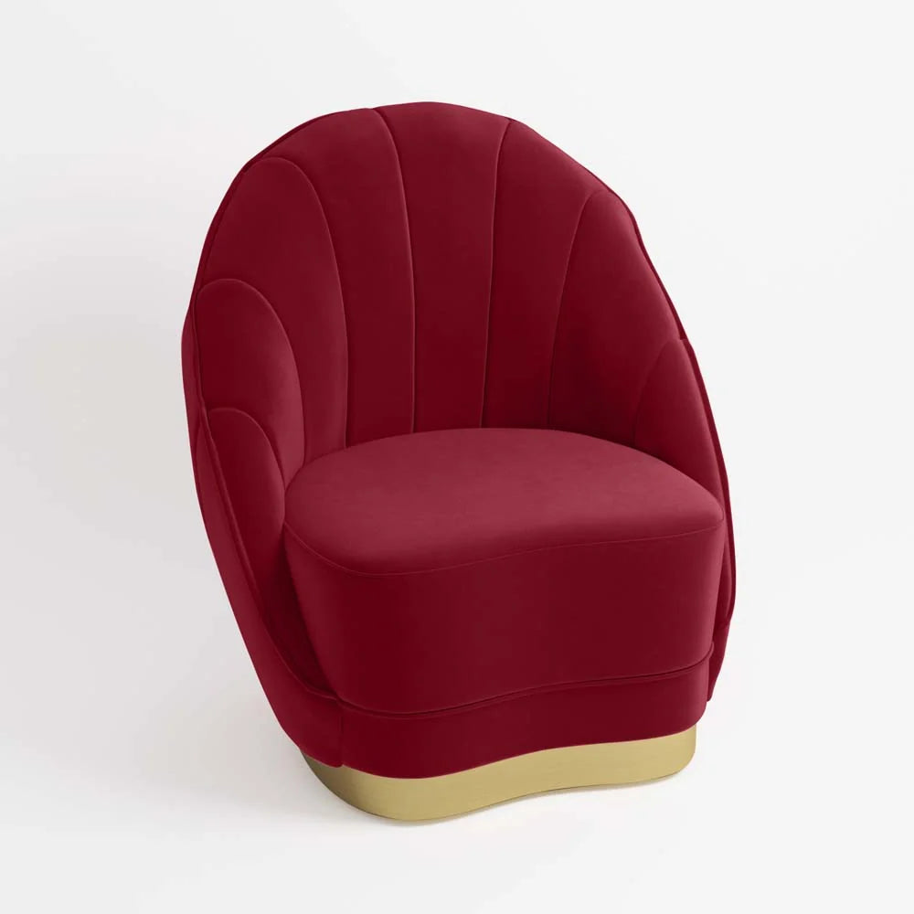 Fauteuil en velours bordeaux, base cerclage dor  effet laiton
