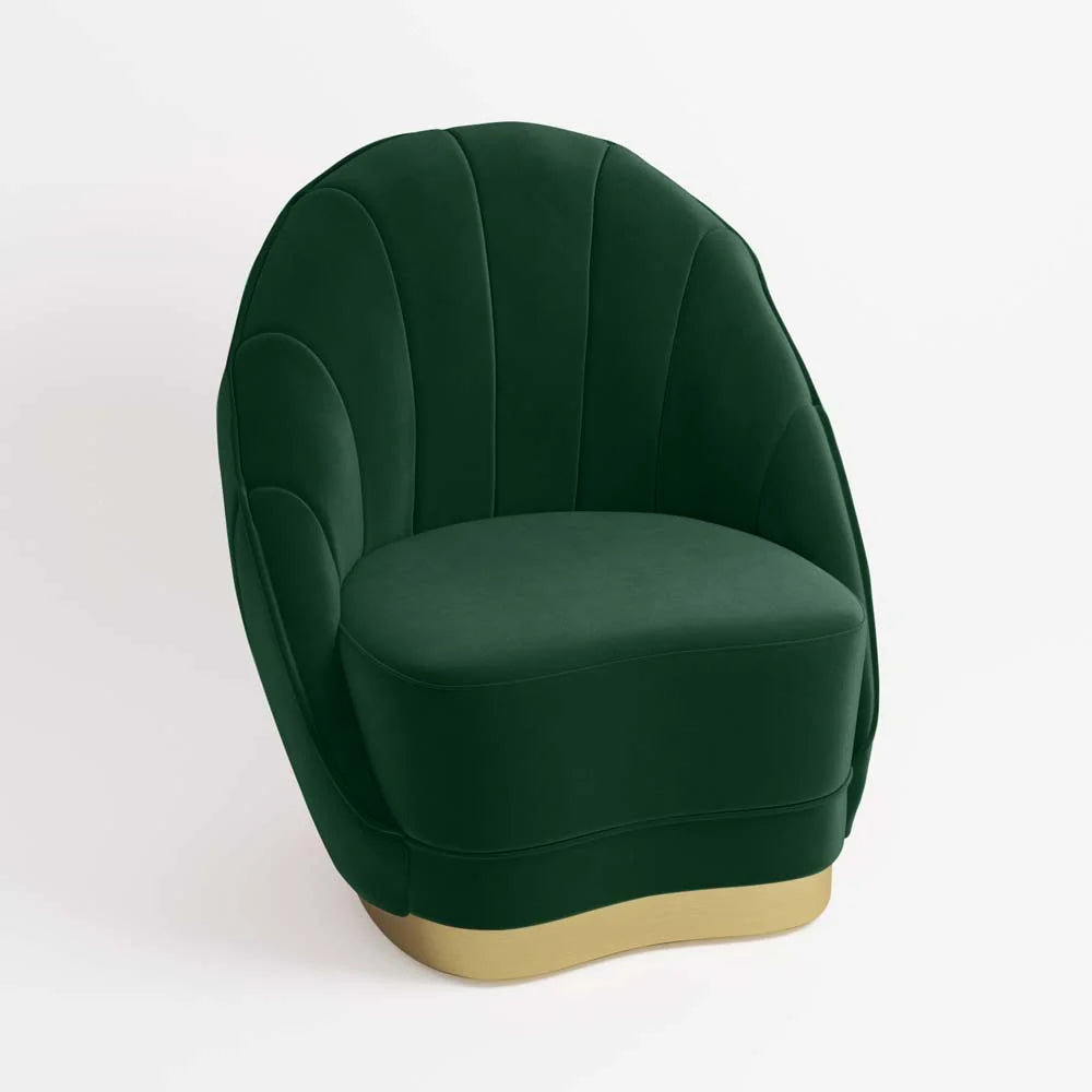 Fauteuil en velours vert sapin, base cerclage dor  effet laiton