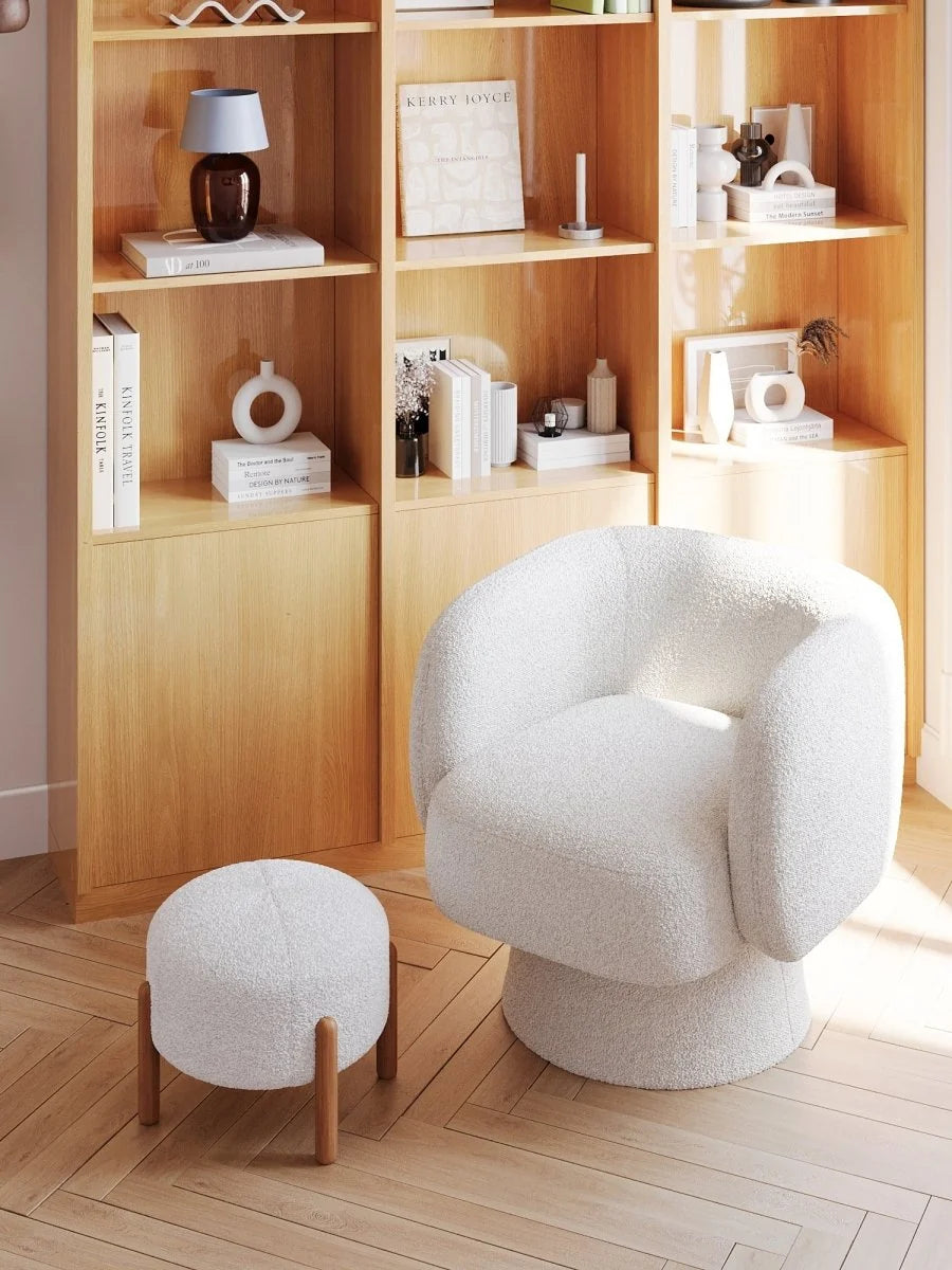 Pouf laine boucl e blanche & bois Cam lia